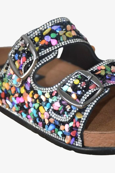 Asel Siyah Çift Bantlı Renkli Doğal Taş Aksesuarlı Terlik - 5