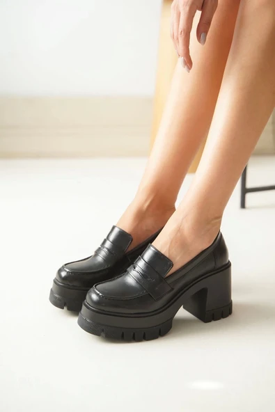 NVL-506 Siyah Günlük Yüksek Topuklu Platform Loafer Kadın Ayakkabı - 2