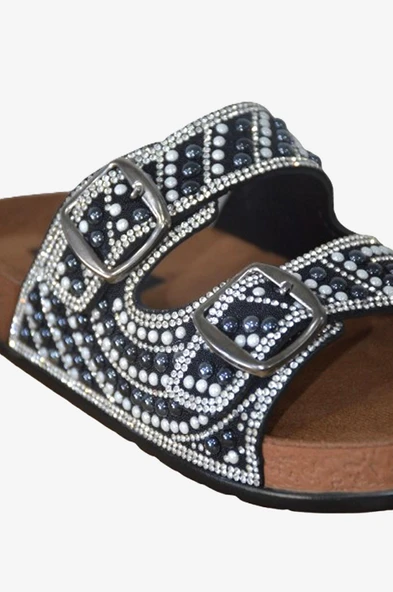 Hazel Siyah Çift Bantlı Comfort Boncuk Aksesuarlı Terlik - 5