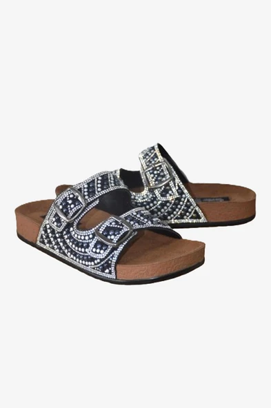 Hazel Siyah Çift Bantlı Comfort Boncuk Aksesuarlı Terlik - 3