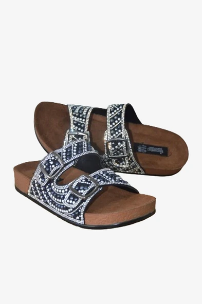 Hazel Siyah Çift Bantlı Comfort Boncuk Aksesuarlı Terlik - 4