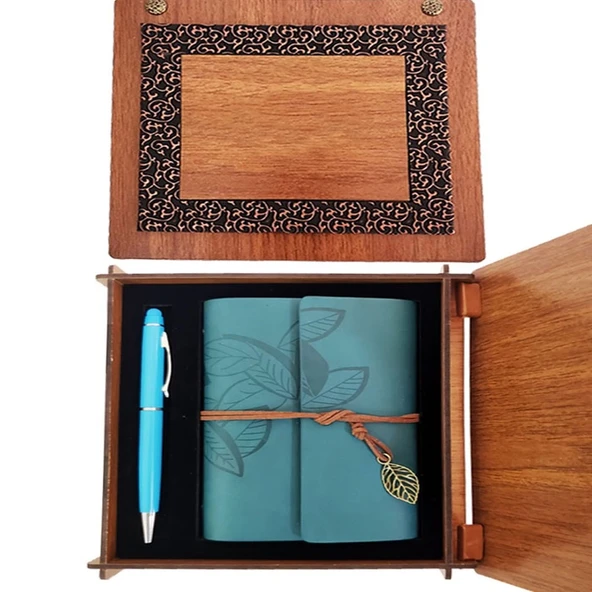 Ahşap Kutulu Mavi Deri Defter Kalem Seti - 1