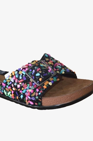 Umay Siyah Tek Bantlı Renkli Doğal Taş Aksesuarlı Terlik - 5