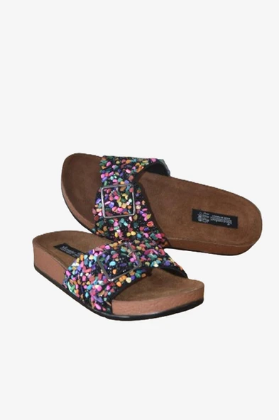 Umay Siyah Tek Bantlı Renkli Doğal Taş Aksesuarlı Terlik - 4