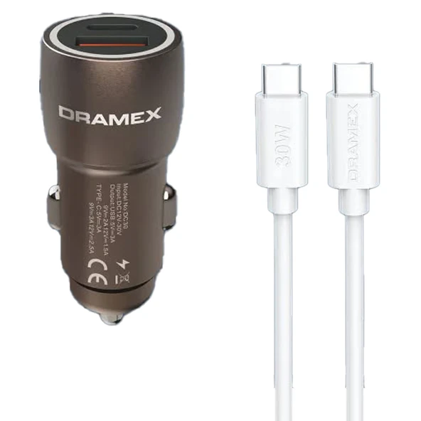 Dramex DC30T 3.1A 30W PD Q.C. 3.0 1mt Type-C - Type-C Kablolu 1xType-C + 1xUSB-A Port Çıkışlı Hızlı Araç Şarj Cihazı - Kahverengi