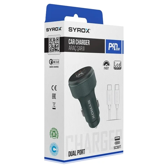 Syrox SC30T 3.1A 30W PD Q.C. 3.0 1mt Type-C - Type-C Kablolu Dijital Ekranlı 1xType-C + 1xUSB-A Port Çıkışlı Hızlı Araç Şarj Cihazı - Siyah - 3