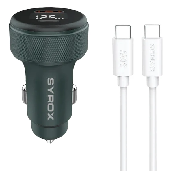 Syrox SC30T 3.1A 30W PD Q.C. 3.0 1mt Type-C - Type-C Kablolu Dijital Ekranlı 1xType-C + 1xUSB-A Port Çıkışlı Hızlı Araç Şarj Cihazı - Siyah