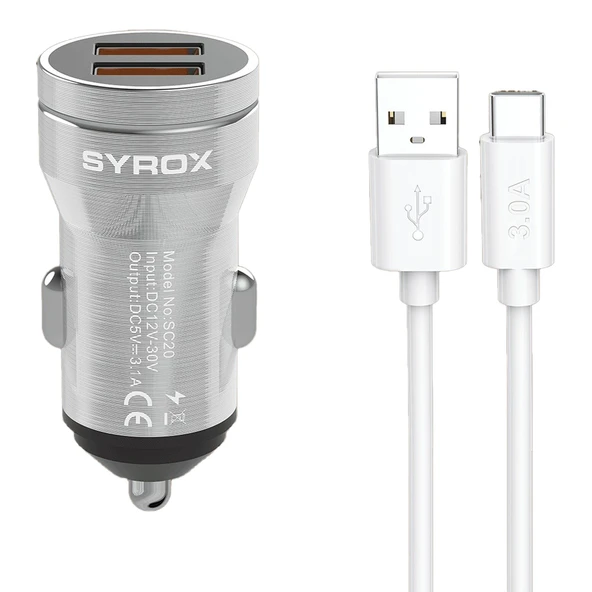 Syrox SC20T 3.1A Q.C. 3.0 1mt USB-A - Type-C Kablolu 2xUSB-A Port Çıkışlı Hızlı Araç Şarj Cihazı - Gri