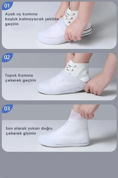 Beyaz Renk 34-39 Numara Silikon Ayakkabı Kılıfı Su Geçirmez Yağmur Çamur Koruyucu Kaymaz Galoş Kılıf - 5