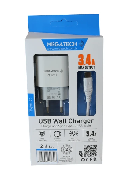 Megatech CC-03 (MT-Ct34 )3.4A Type-C Usb Kablo+ Ev Şarj Adaptör Hızlı Şarj - 2
