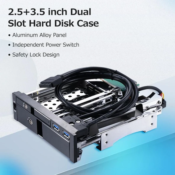 Oem 5,25" Dahili Çift Yuvalı Sabit Disk Kutusu 2,5+3,5 inç SATA HDD-SSD Muhafaza Aletsiz Tasarım - 2