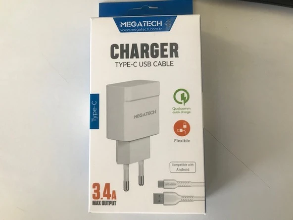 Megatech CC-03 (MT-Ct34 )3.4A Type-C Usb Kablo+ Ev Şarj Adaptör Hızlı Şarj