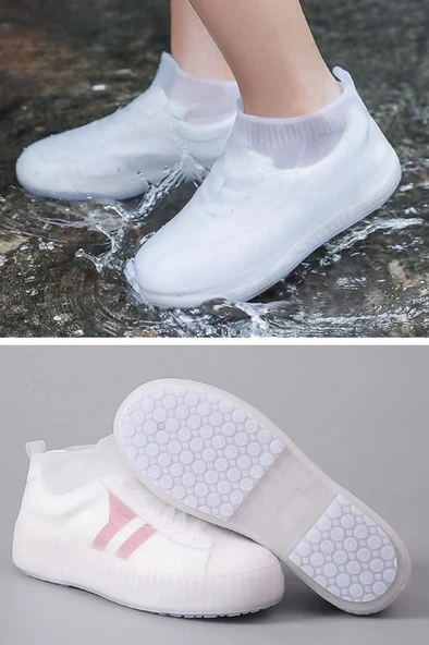 Beyaz Renk 34-39 Numara Silikon Ayakkabı Kılıfı Su Geçirmez Yağmur Çamur Koruyucu Kaymaz Galoş Kılıf - 4