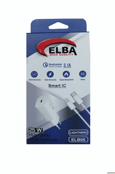 Elba ELB05-PD-25WIOS Beyaz 25W Usb-c Ev Şarj Kafa+1mt Type-c To Lightnıng Kablo PD3.0-QC4.0 Hızlı Ş