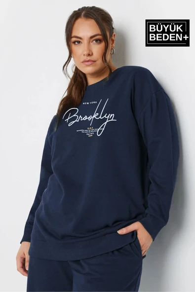 Kadın El Yazılı Brooklyn Baskılı Büyük Beden İnce Bisiklet Yaka Swatshırt SPR25BSWK59 - 5