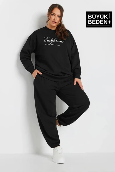 Kadın El Yazılı California Baskılı Büyük Beden İnce Bisiklet Yaka Swatshırt SPR25BSWK63