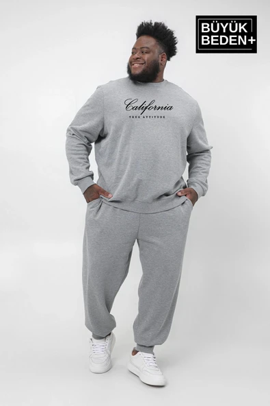 Erkek El Yazılı California Baskılı Büyük Beden İnce Bisiklet Yaka Swatshırt SPR25BSW63 - 4