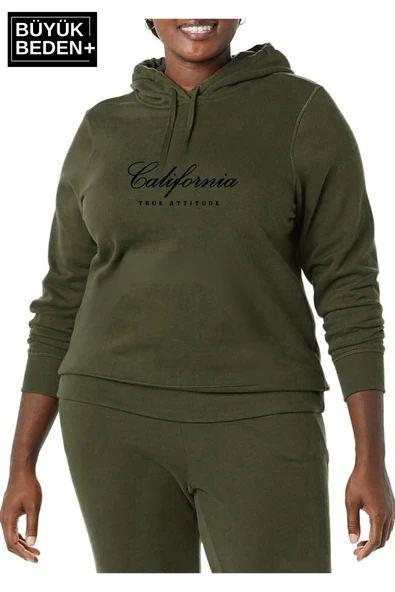 Kadın El Yazılı California Baskılı Büyük Beden İnce Kapşonlu Swatshırt SPR25BSWK62 - 6