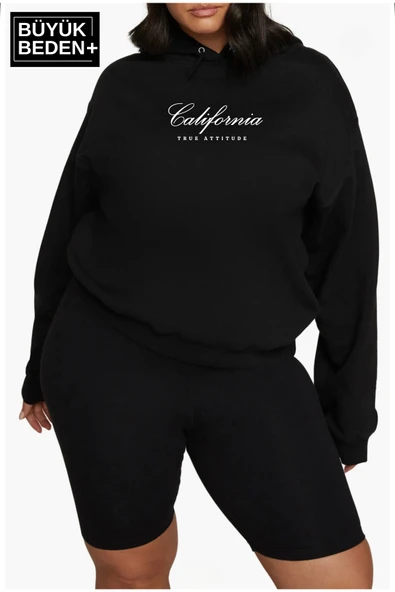Kadın El Yazılı California Baskılı Büyük Beden İnce Kapşonlu Swatshırt SPR25BSWK62 - 2