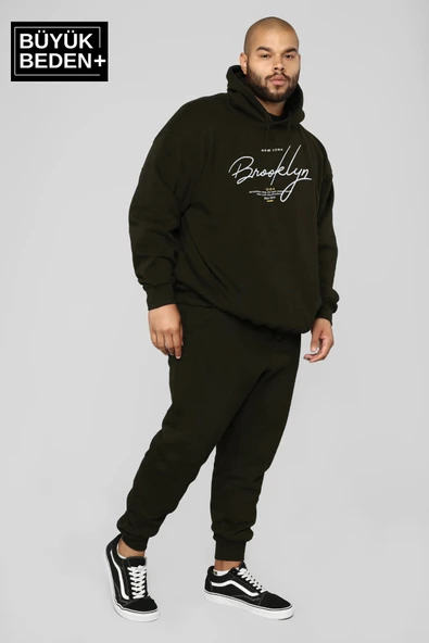 Erkek El Yazılı Brooklyn Baskılı Büyük Beden İnce Kapşonlu Swatshırt SPR25BSW58 - Resim 6