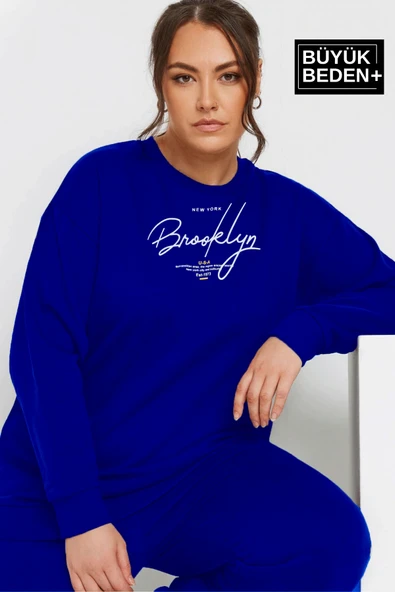 Kadın El Yazılı Brooklyn Baskılı Büyük Beden İnce Bisiklet Yaka Swatshırt SPR25BSWK59 - 11