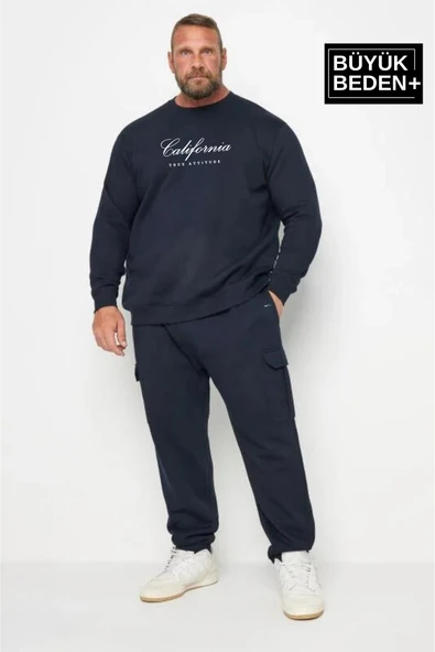 Erkek El Yazılı California Baskılı Büyük Beden İnce Bisiklet Yaka Swatshırt SPR25BSW63 ürün görseli 1