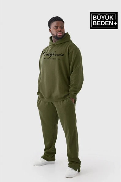 Erkek El Yazılı California Baskılı Büyük Beden İnce Kapşonlu Swatshırt SPR25BSW62 ürün görseli
