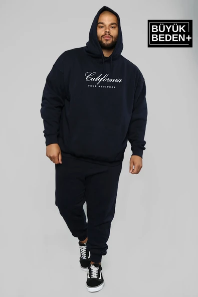 Erkek El Yazılı California Baskılı Büyük Beden İnce Kapşonlu Swatshırt SPR25BSW62 - 4