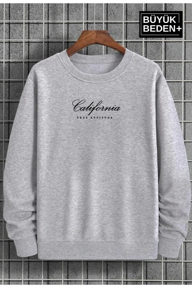Erkek El Yazılı California Baskılı Büyük Beden İnce Bisiklet Yaka Swatshırt SPR25BSW63 - 5