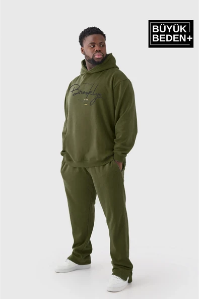 Erkek El Yazılı Brooklyn Baskılı Büyük Beden İnce Kapşonlu Swatshırt SPR25BSW58 - Resim 2