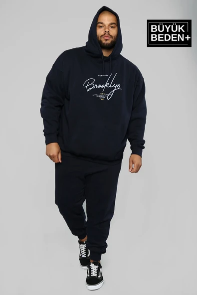 Erkek El Yazılı Brooklyn Baskılı Büyük Beden İnce Kapşonlu Swatshırt SPR25BSW58 - 9