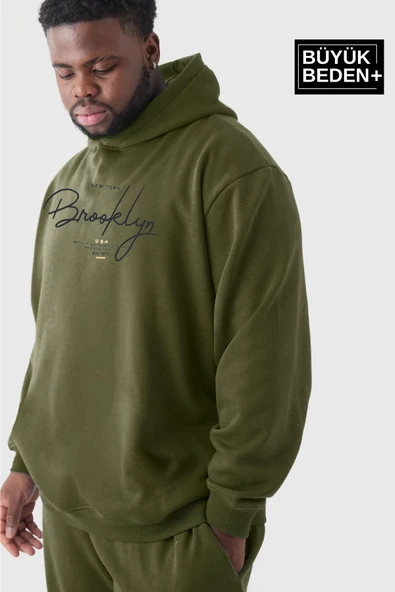 Erkek El Yazılı Brooklyn Baskılı Büyük Beden İnce Kapşonlu Swatshırt SPR25BSW58 - 7