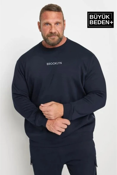 Erkek Orta Brooklyn Baskılı Büyük Beden İnce Bisiklet Yaka Swatshırt SPR25BSW60 - 5