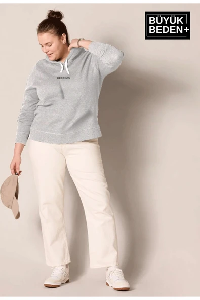 Süperlife Kadın  Orta Brooklyn Baskılı Büyük Beden İnce Kapşonlu Swatshırt SPR25BSWk61 - 12
