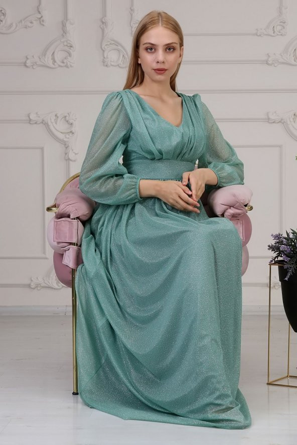 Uzun Kol Simli Kadın Abiye - 5