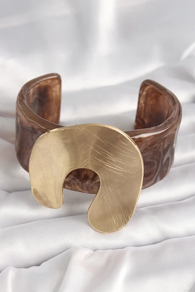 MuI MuI Kahverengi Mermer Desen Akrilik Plastik Gold Nal Model Plaka Vintage Kadın Bilezik - Resim 2