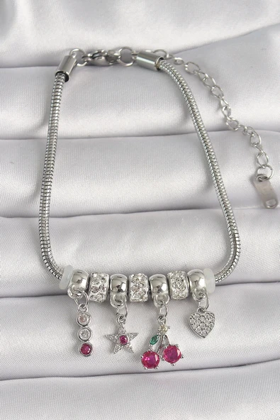 MuI MuI Pirinç Gümüş Renk Zincir Sallantı Zirkon Taşlı Kiraz Figür Kalp Detay Kadın Bileklik ürün görseli 1