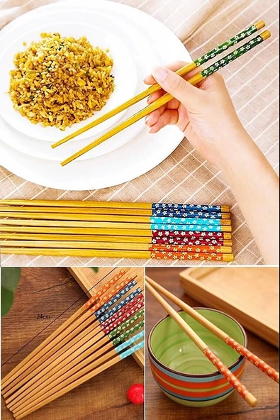 Bambu Chopstick Çubuk Yemek Çubuğu Yıkanabilir Tekrar Kullanılabilir (3 Çift- 6 Adet )