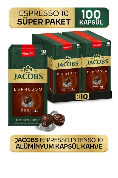 Jacobs Espresso 10 Intenso Nespresso Uyumlu Alüminyum Kapsül Kahve 10 Adet X 10 Paket