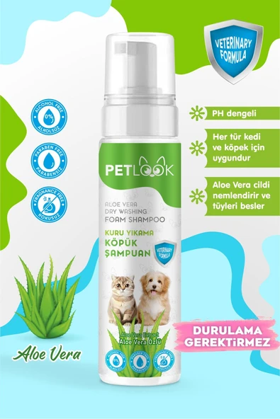 PetLook Köpek Kuru Köpük Şampuanı Aloavera Özlü 200 ml, Köpük Kedi ve Köpek Şampuanı