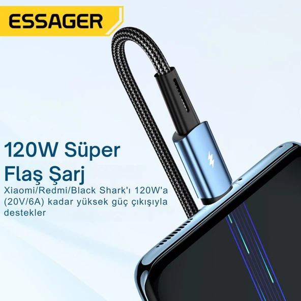 Essager 2 Metre 120W 6A PD3.1 USB to Type-C Mega Hızlı Data Şarj Kablosu, Ultra Sağlam Halat Kablo Kopmaz - 4