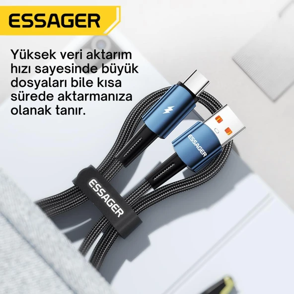 Essager 2 Metre 120W 6A PD3.1 USB to Type-C Mega Hızlı Data Şarj Kablosu, Ultra Sağlam Halat Kablo Kopmaz - 7
