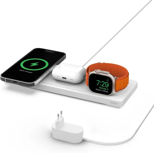 Belkin BoostCharge PRO Magsafe 3in1 Kablosuz Şarj Pedi (Apple Watch Series 7, 8, Ultra için Hızlı Şarj) Outlet