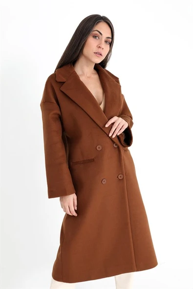 Kruvaze Yaka Uzun Kaşe Kaban - Taba - 5