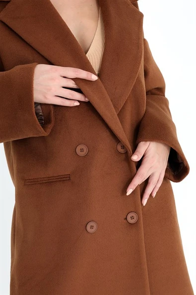 Kruvaze Yaka Uzun Kaşe Kaban - Taba - 6