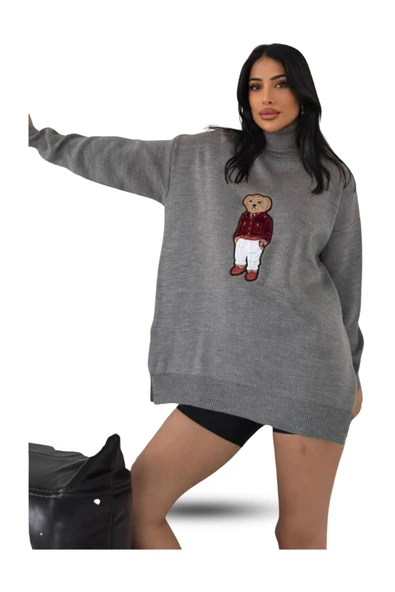 EYSHAN Ayıcıklı Kazak - Balıkçı Yaka Teddy Bear Aplikli Oversize Kadın Triko Kazak - 3