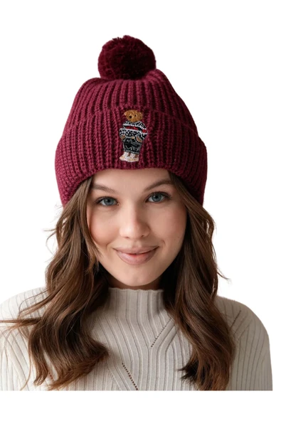 EYSHAN Ayıcık Nakışlı Teddy Bear Ponponlu Bere BORDO - 2