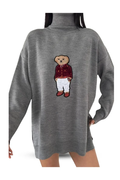 EYSHAN Ayıcıklı Kazak - Balıkçı Yaka Teddy Bear Aplikli Oversize Kadın Triko Kazak - 4