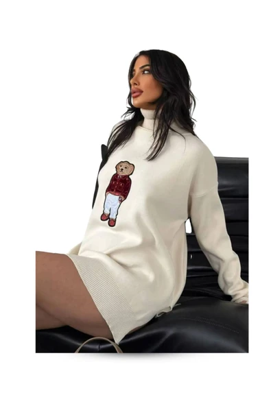 EYSHAN Ayıcıklı Kazak - Balıkçı Yaka Teddy Bear Aplikli Oversize Kadın Triko Kazak KREM - 3