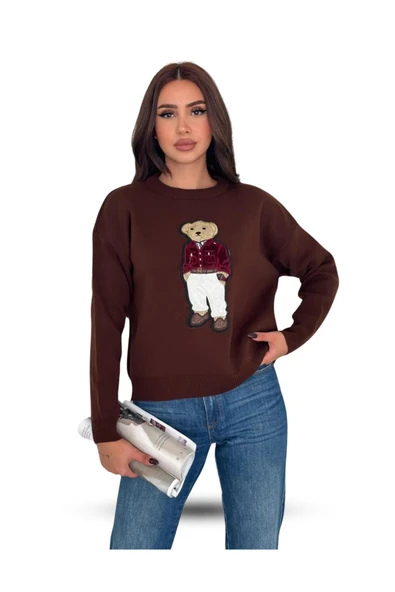 EYSHAN Teddy Bear Ayıcık Desenli Standart Beden Triko Kahverengi Kadın Kazak - 3